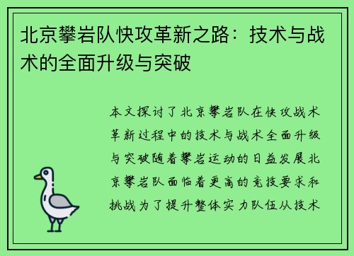 北京攀岩队快攻革新之路：技术与战术的全面升级与突破